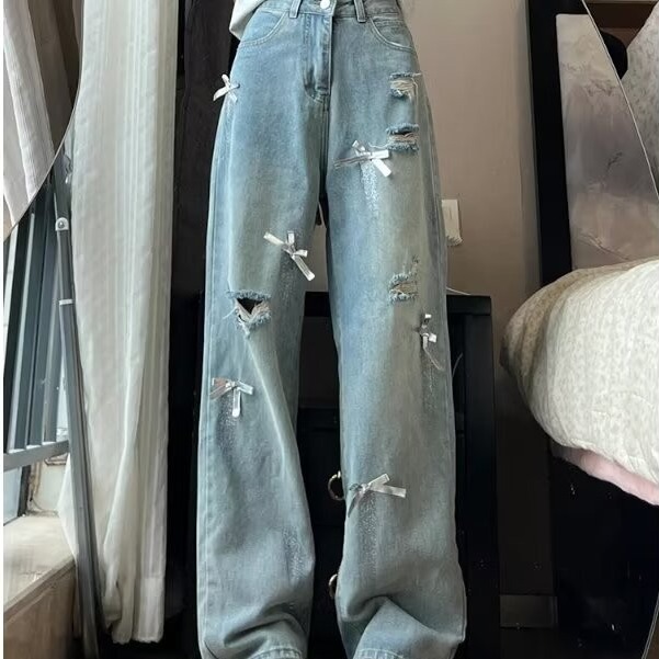 レディースワイドパンツ ダメージ加工デニムワイドパンツ ゆったりロング丈
