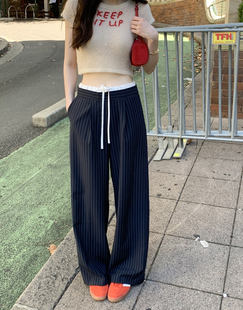 レディースワイドパンツ 配色ストライプ紐付きワイドパンツ