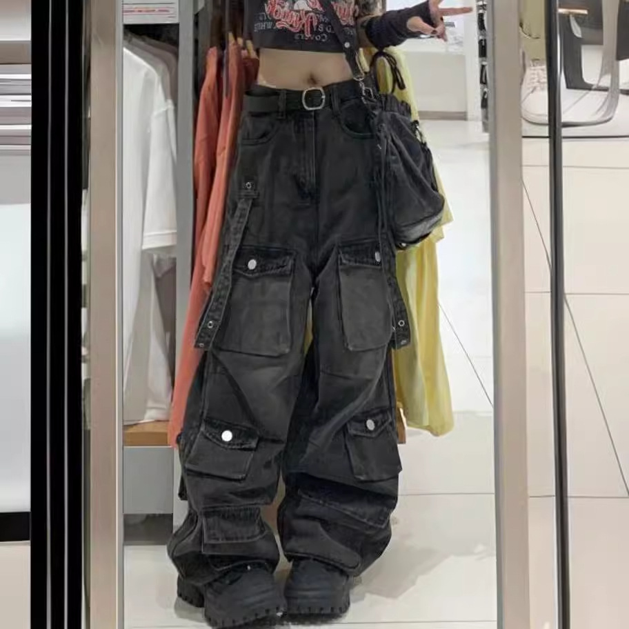 レディースワイドパンツ 多機能ポケット付きカーゴデニムワイドパンツ