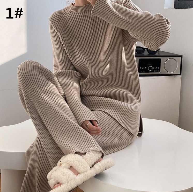 レディースワイドパンツ 2025年新作韓国風ニット上下セットアップ