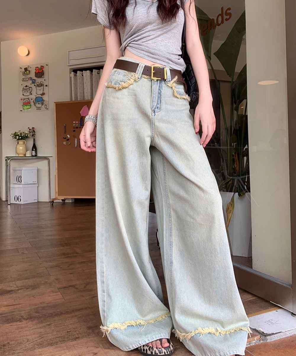 レディースワイドパンツ フリンジ裾 ハイウエストデニムワイドパンツ
