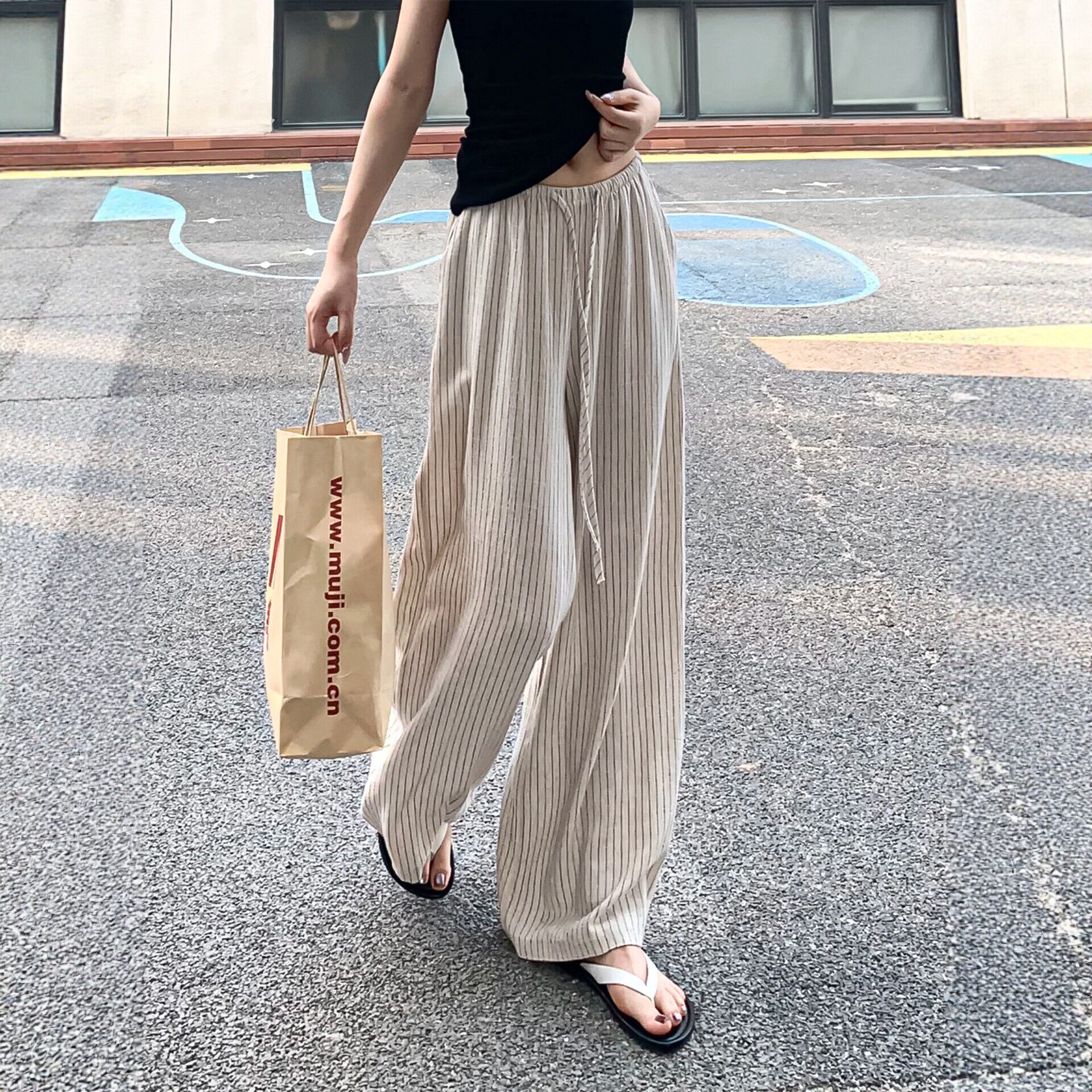 レディースワイドパンツ 縦縞柄ゆったりシルエットレディースワイドチノパンツ