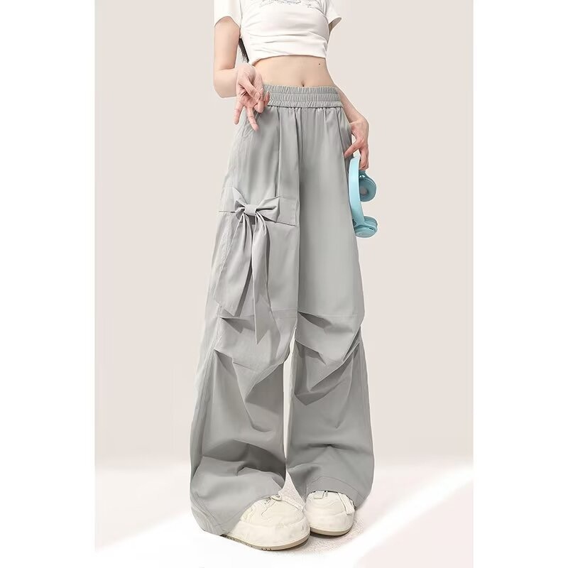 レディースワイドパンツ リボン付きハイウエストワイドカーゴパンツ