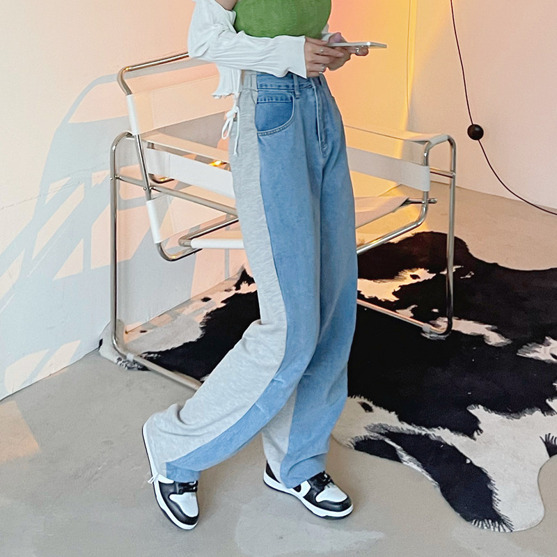レディースワイドパンツ 韓国風デニム切替ワイドパンツ レディース