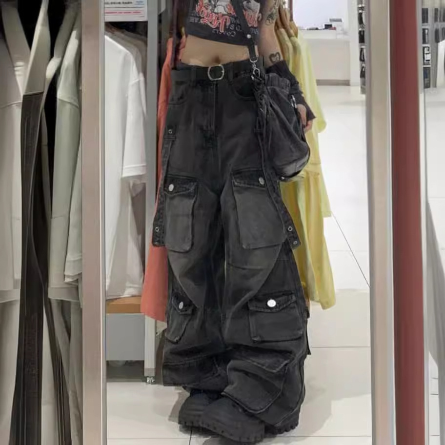 レディースワイドパンツ 多機能ポケット付きカーゴデニムワイドパンツ