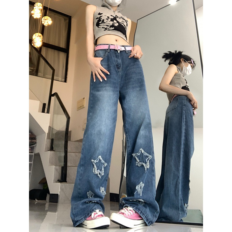 レディースワイドパンツ 星型ダメージ加工レディースワイドデニムパンツ
