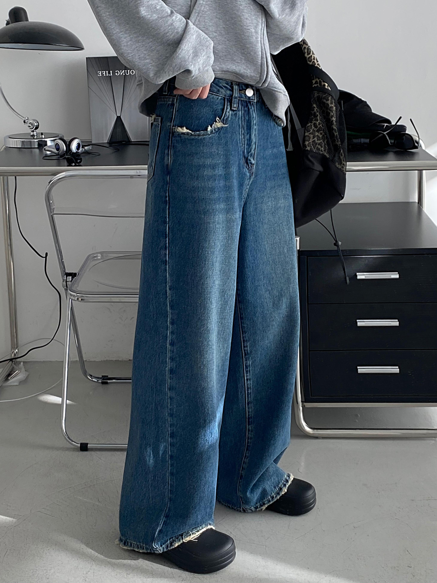 レディースワイドパンツ 風合い抜群 ゆったりデニムワイドパンツ