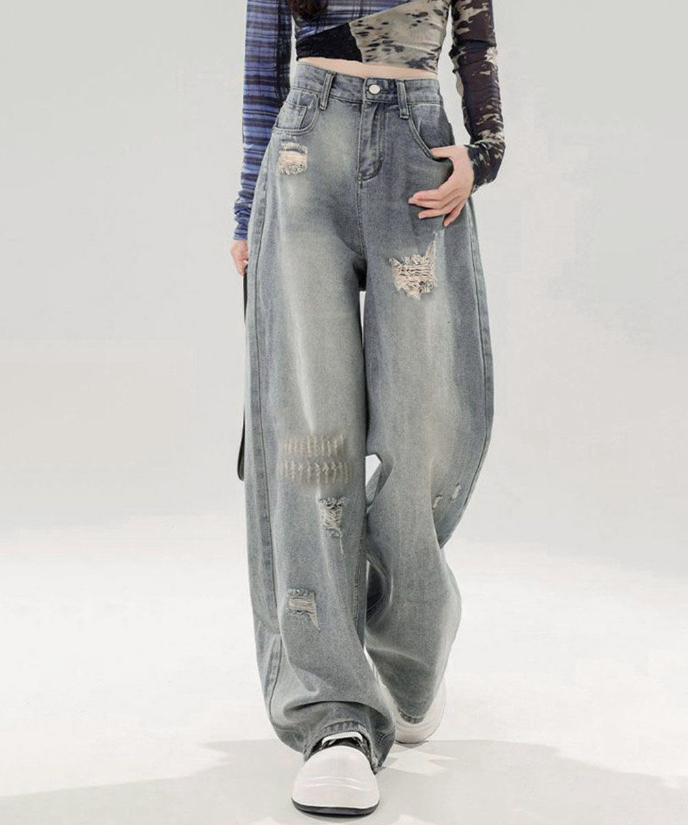 レディースワイドパンツ ダメージ加工デニムワイドパンツ レディース