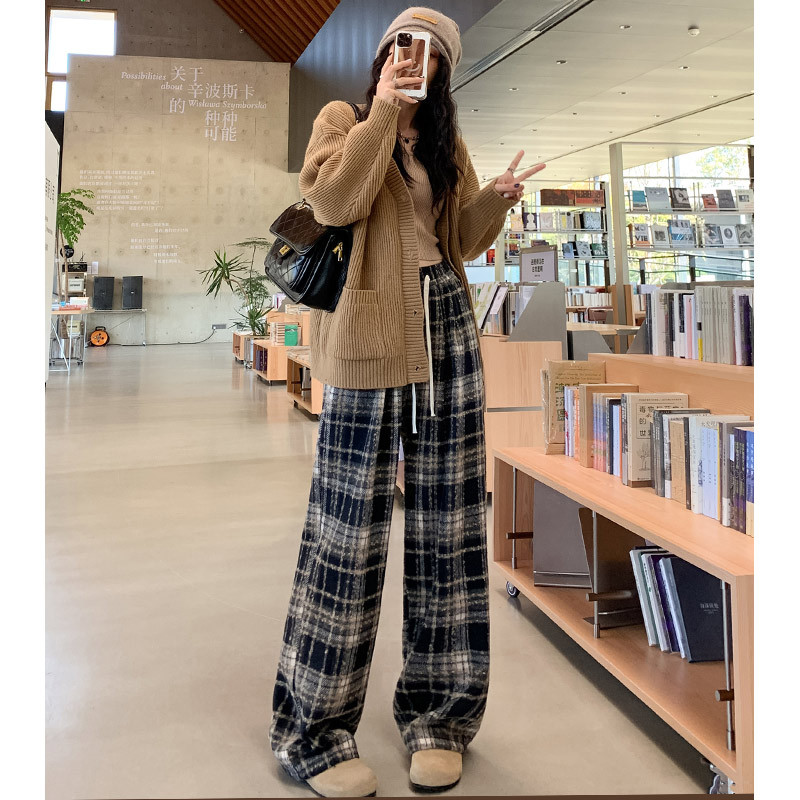 レディースワイドパンツ のびのびチェックフリースワイドパンツ