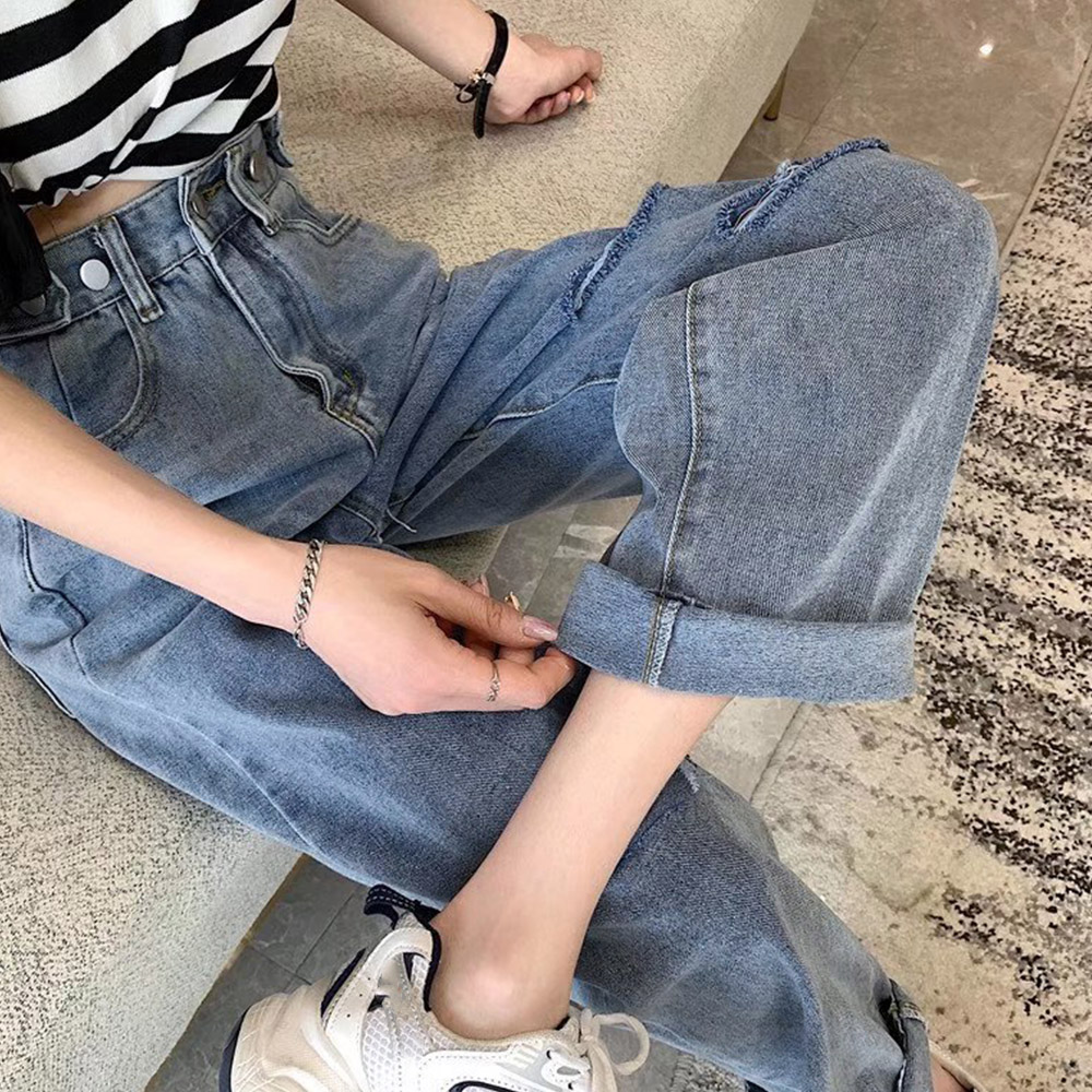 レディースワイドパンツ ハイウエスト美脚 ダメージデニムワイドパンツ