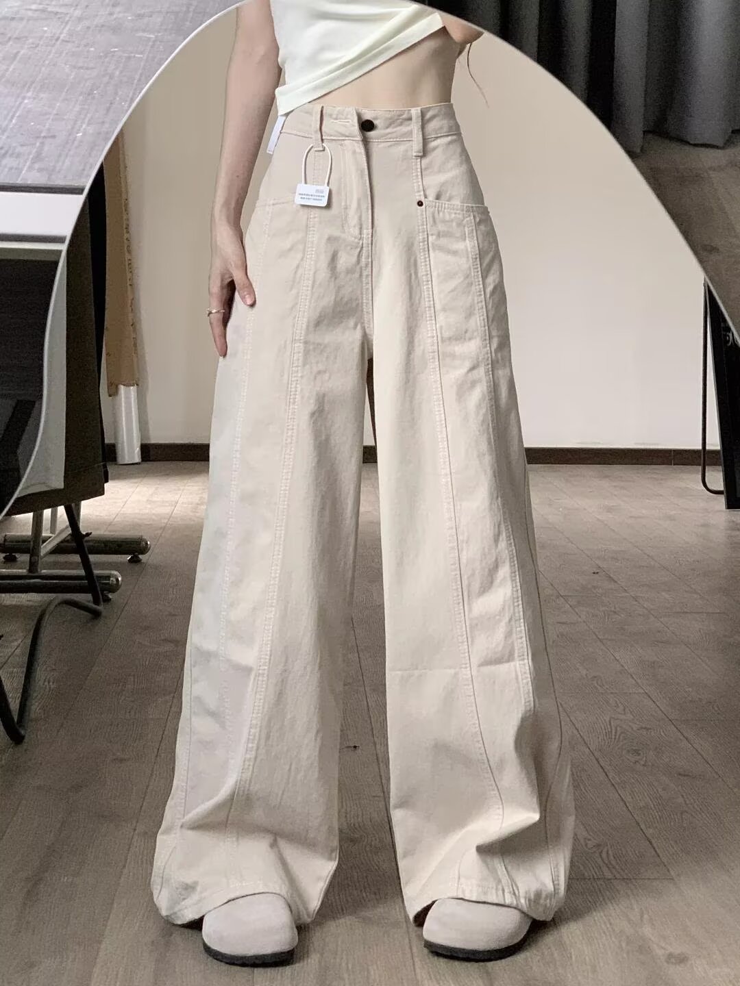 レディースワイドパンツ ハイウエストセンタープレスワイドデニムパンツ