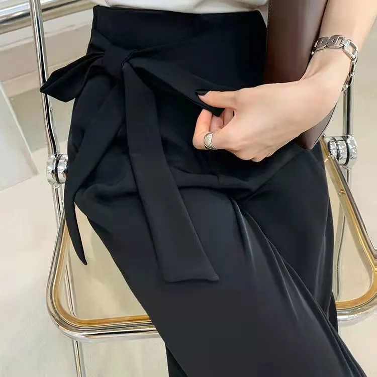 レディースワイドパンツ リボン付き上品タックワイドパンツ