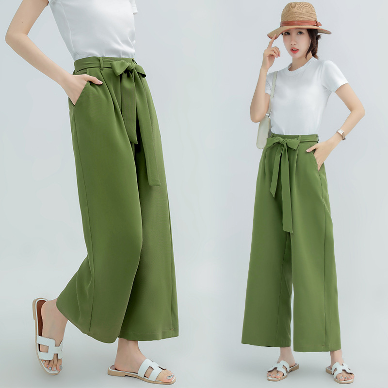 レディースワイドパンツ リボン付ハイウエストガウチョパンツ美脚ワイドボトムス全12色