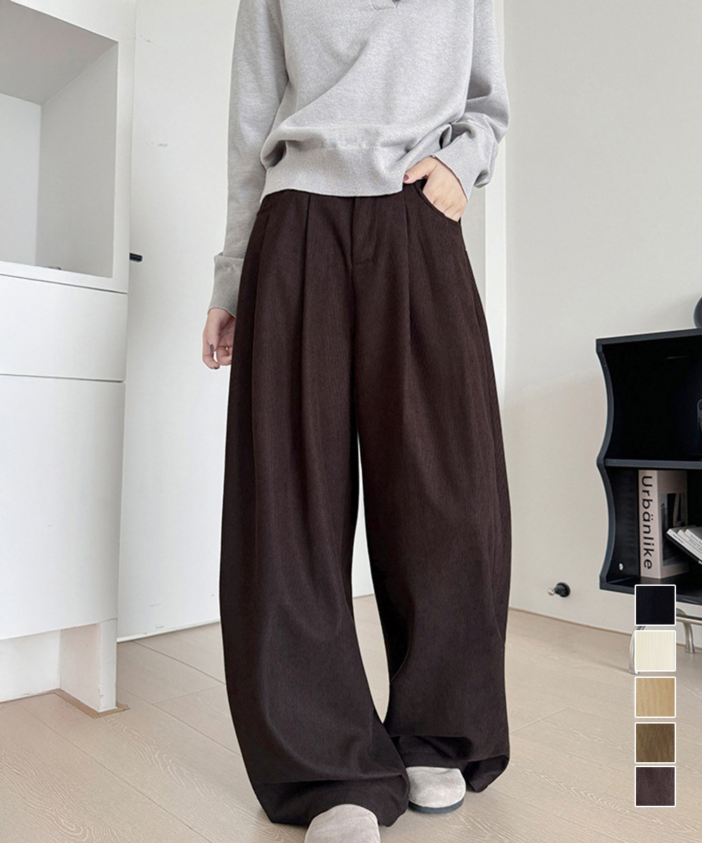 レディースワイドパンツ コーデュロイ素材タックワイドパンツ レディース