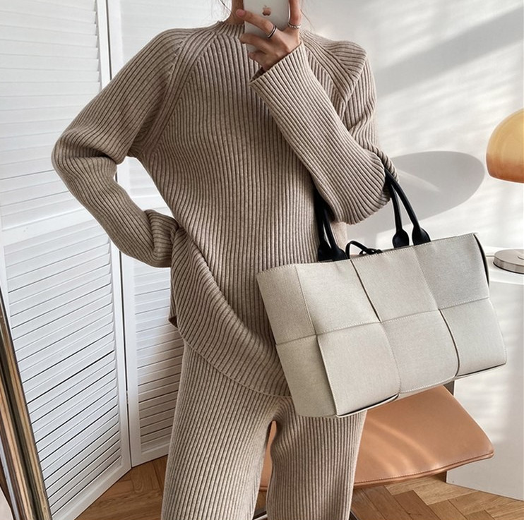 レディースワイドパンツ 2025年新作韓国風ニット上下セットアップ