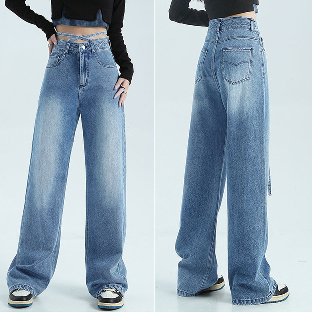 レディースワイドパンツ ハイウエスト紐付きデニムワイドパンツ