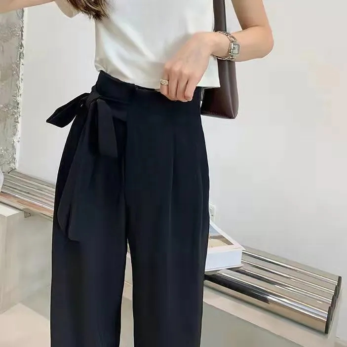 レディースワイドパンツ リボン付き上品タックワイドパンツ