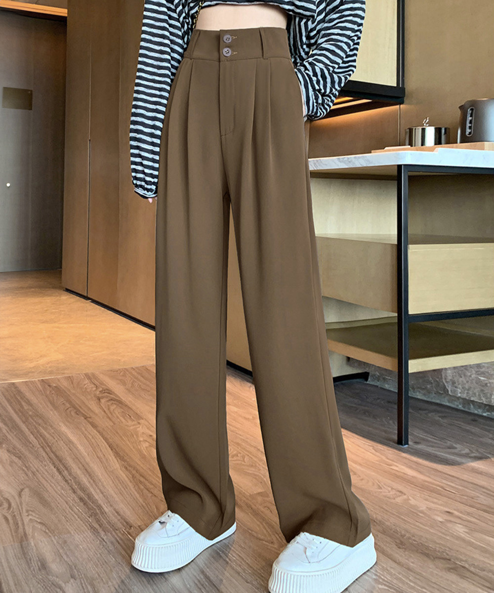 レディースワイドパンツ ハイウエスト タックワイドパンツ ダブルボタン