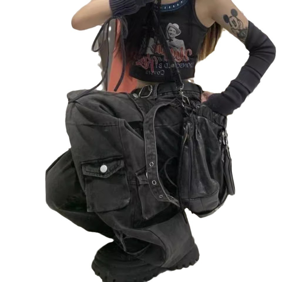 レディースワイドパンツ 多機能ポケット付きカーゴデニムワイドパンツ