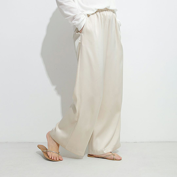 レディースワイドパンツ 上品サテン調ワイドパンツ ゴムウエスト楽ちんその他