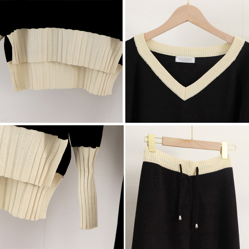 配色ニット上下セット レディースワイドパンツ