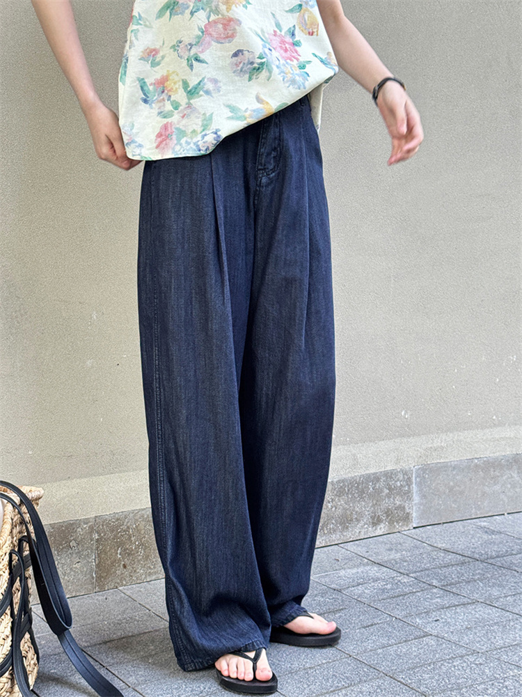 レディースワイドパンツ 薄手デニムワイドパンツ 夏用通気性ハイウエスト