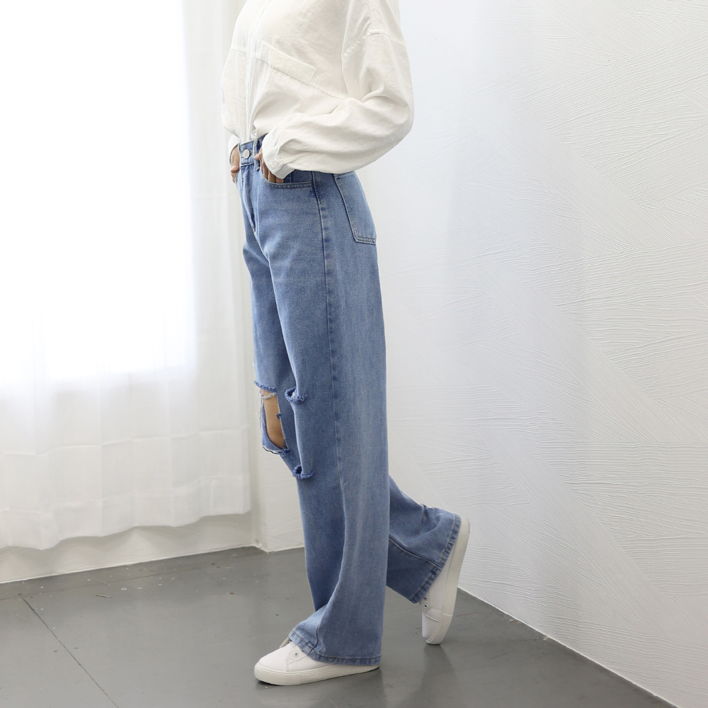 レディースワイドパンツ ハイウエスト美脚 ダメージデニムワイドパンツ