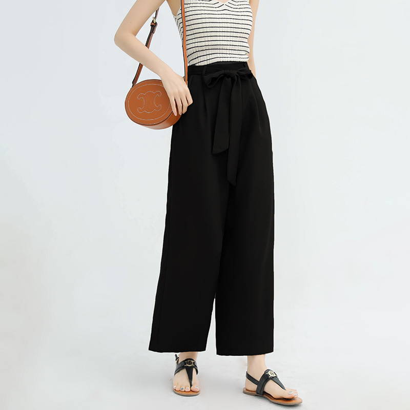 レディースワイドパンツ リボン付ハイウエストガウチョパンツ美脚ワイドボトムス全12色