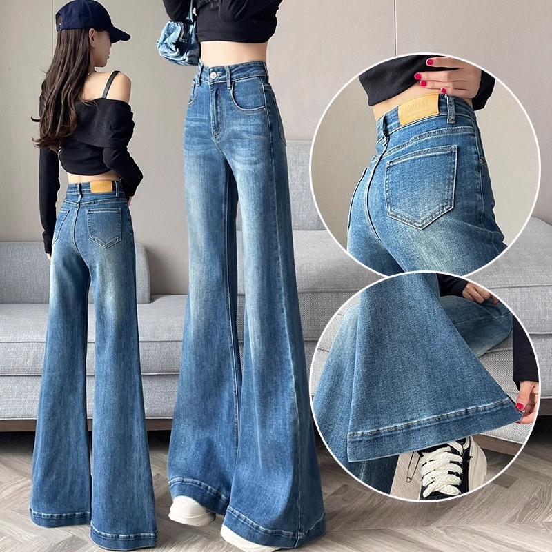 レディースワイドパンツ 着痩せ効果抜群！ハイウエストフレアデニムパンツ