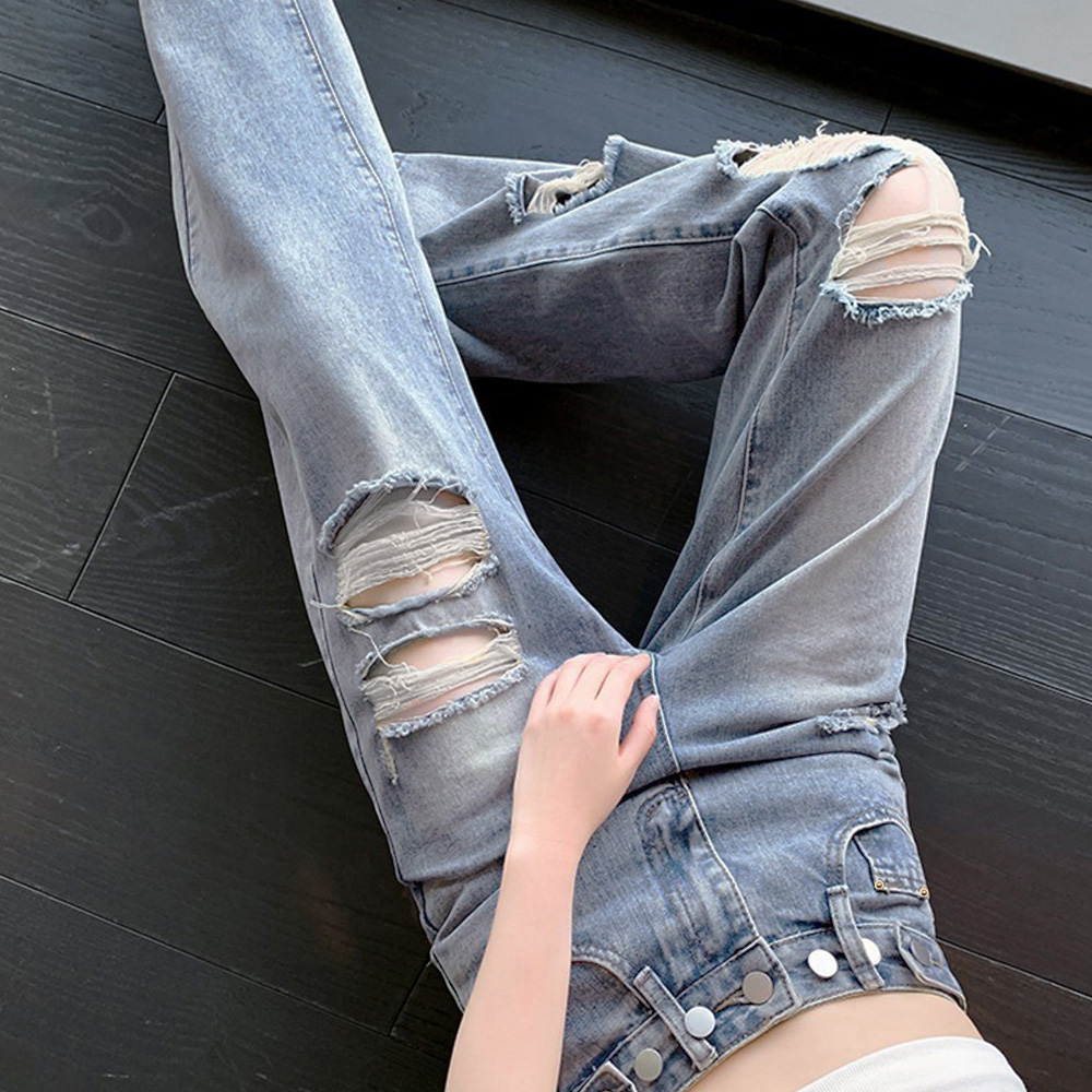 レディースワイドパンツ ハイウエスト ダメージ デニムワイドパンツ 美脚効果