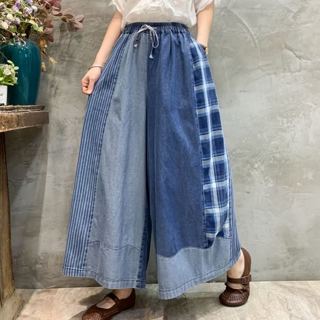 レディースワイドパンツ 秋新作 切り替えデニム ワイドパンツ レディース 大人カジュアル