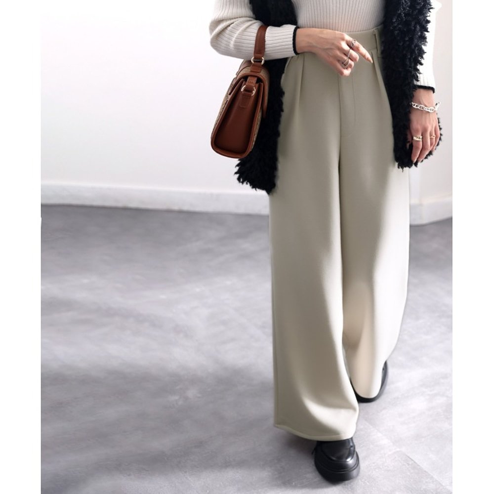 レディースワイドパンツ なめらか素材のハイウエストワイド