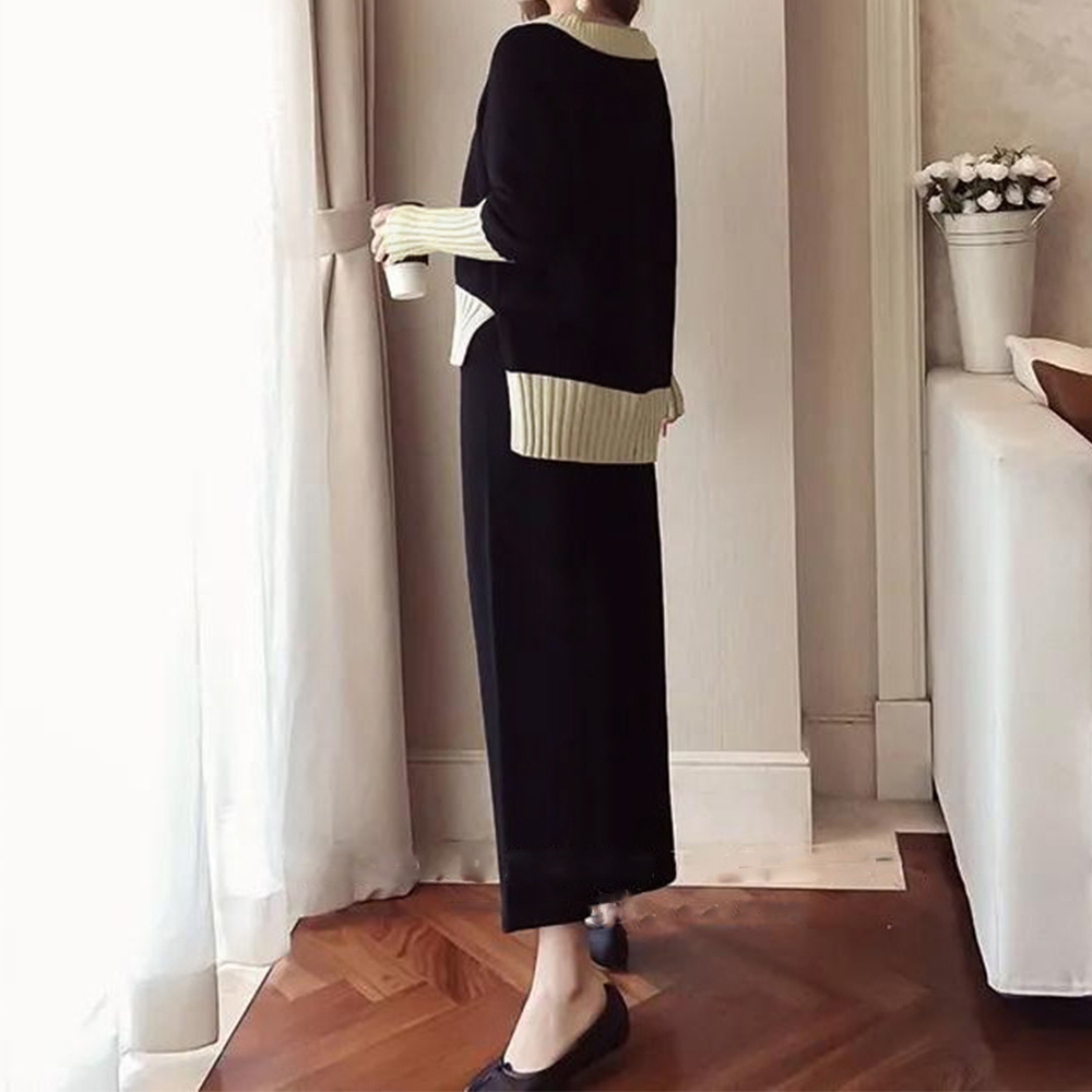 配色ニット上下セット レディースワイドパンツ