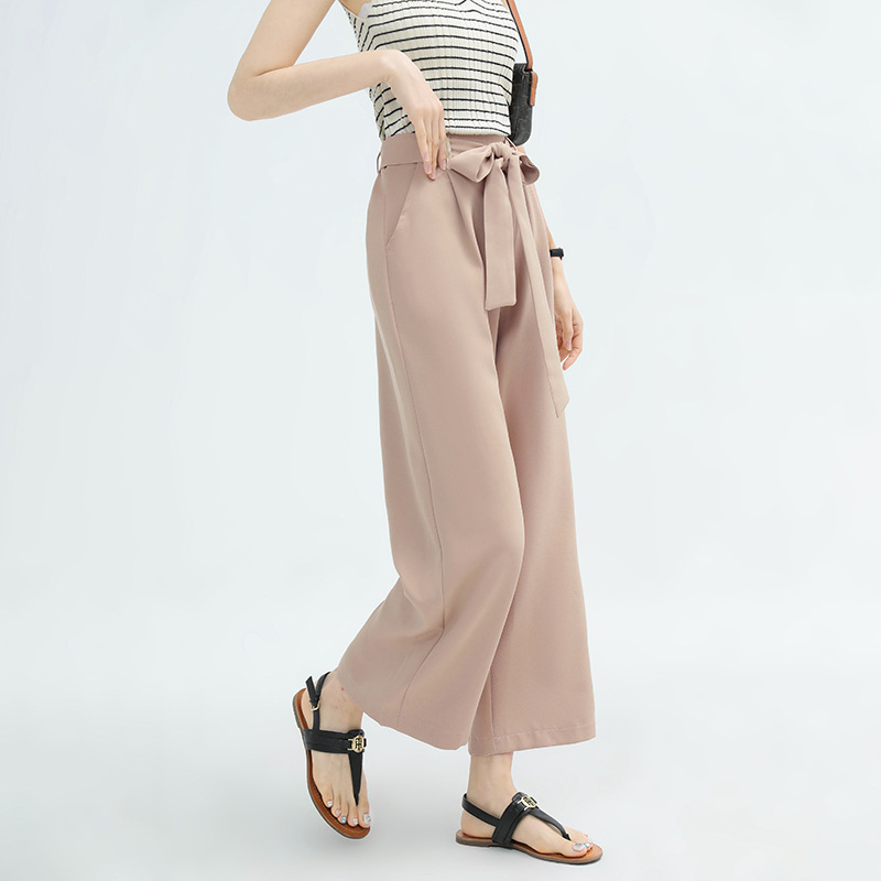 レディースワイドパンツ リボン付ハイウエストガウチョパンツ美脚ワイドボトムス全12色