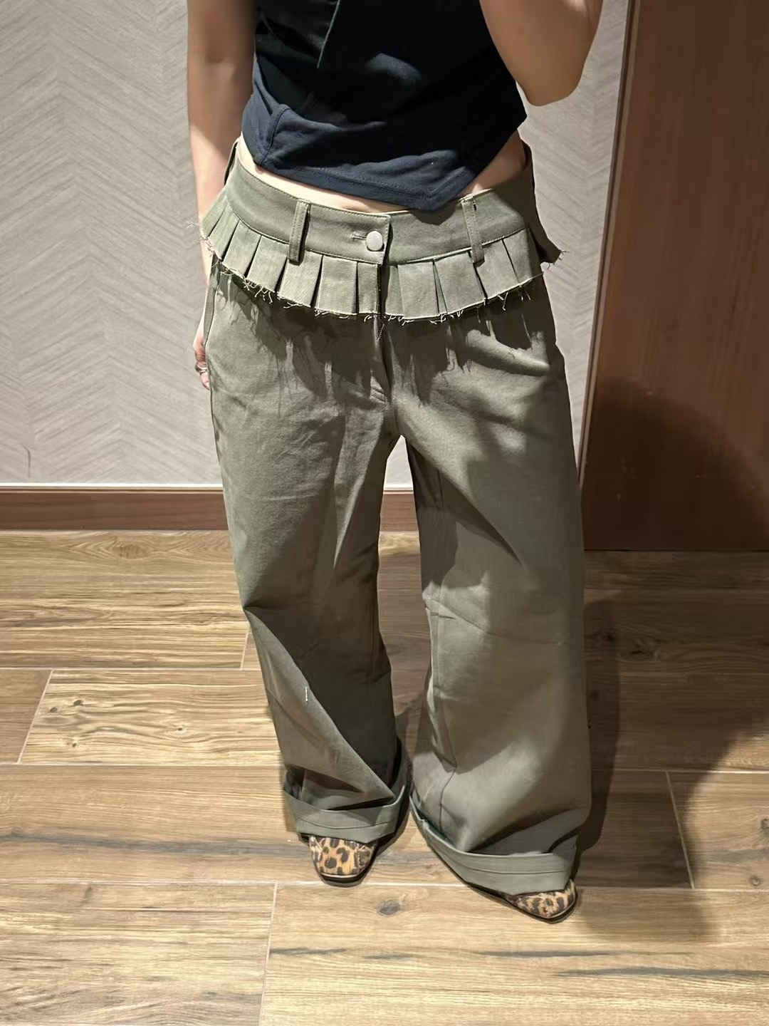 レディースワイドパンツ フリル付きローウエストワイドパンツ