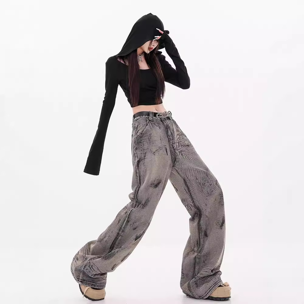 レディースワイドパンツ ストリート風ダメージ加工ワイドデニム