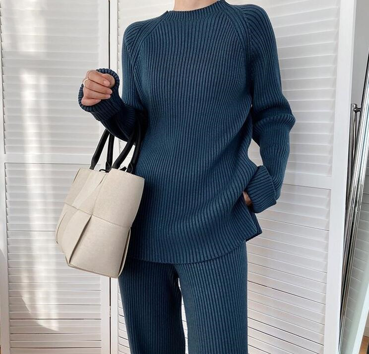 レディースワイドパンツ 2025年新作韓国風ニット上下セットアップ