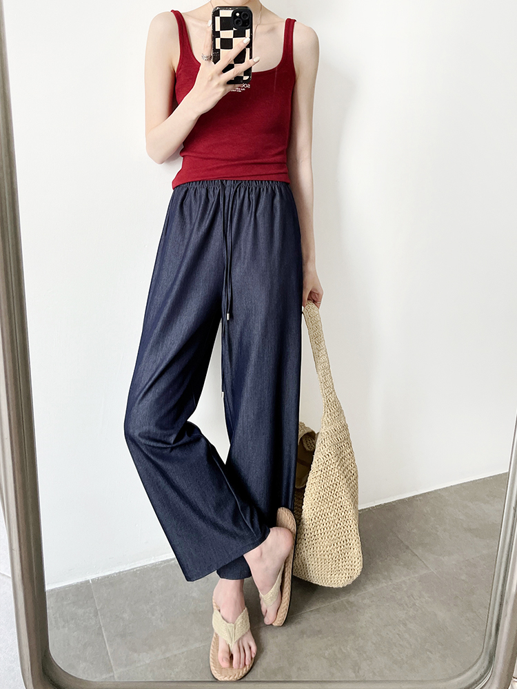 レディースワイドパンツ デニム風リラックスワイドパンツ