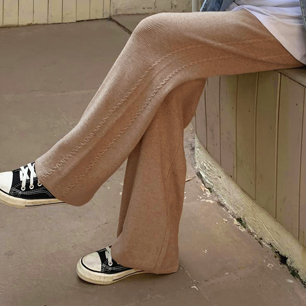 レディースワイドパンツ ケーブル編みニットワイドパンツ 韓国風ロング丈