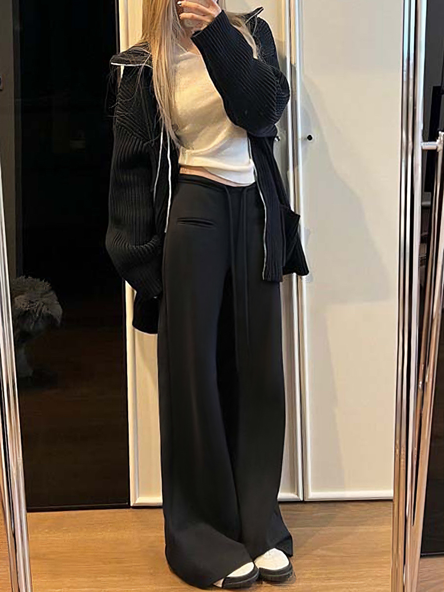 レディースワイドパンツ ゆったり美脚スウェットワイドパンツ