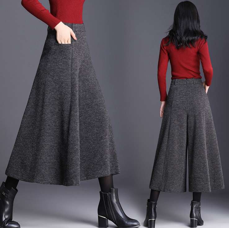 レディースワイドパンツ 冬素材ガウチョパンツ レディース ゆったりワイド九分丈