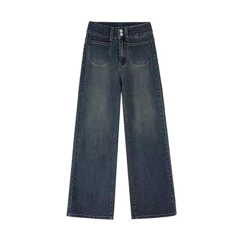 レディースワイドパンツ フロントポケット付きハイウエストフレアデニムパンツ