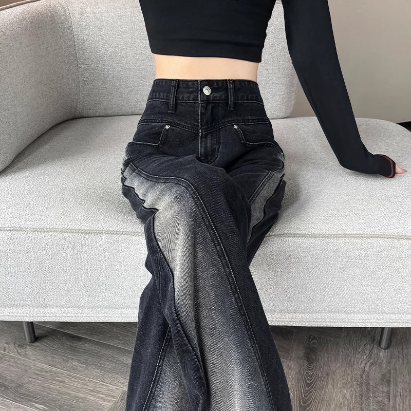 レディースワイドパンツ ハイウエストデニム切替ワイドパンツ着痩せ