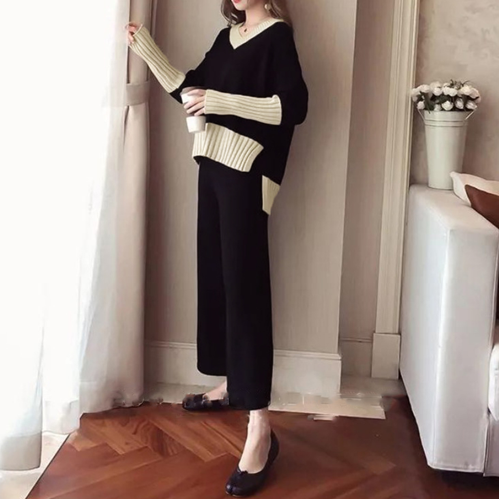 配色ニット上下セット レディースワイドパンツ