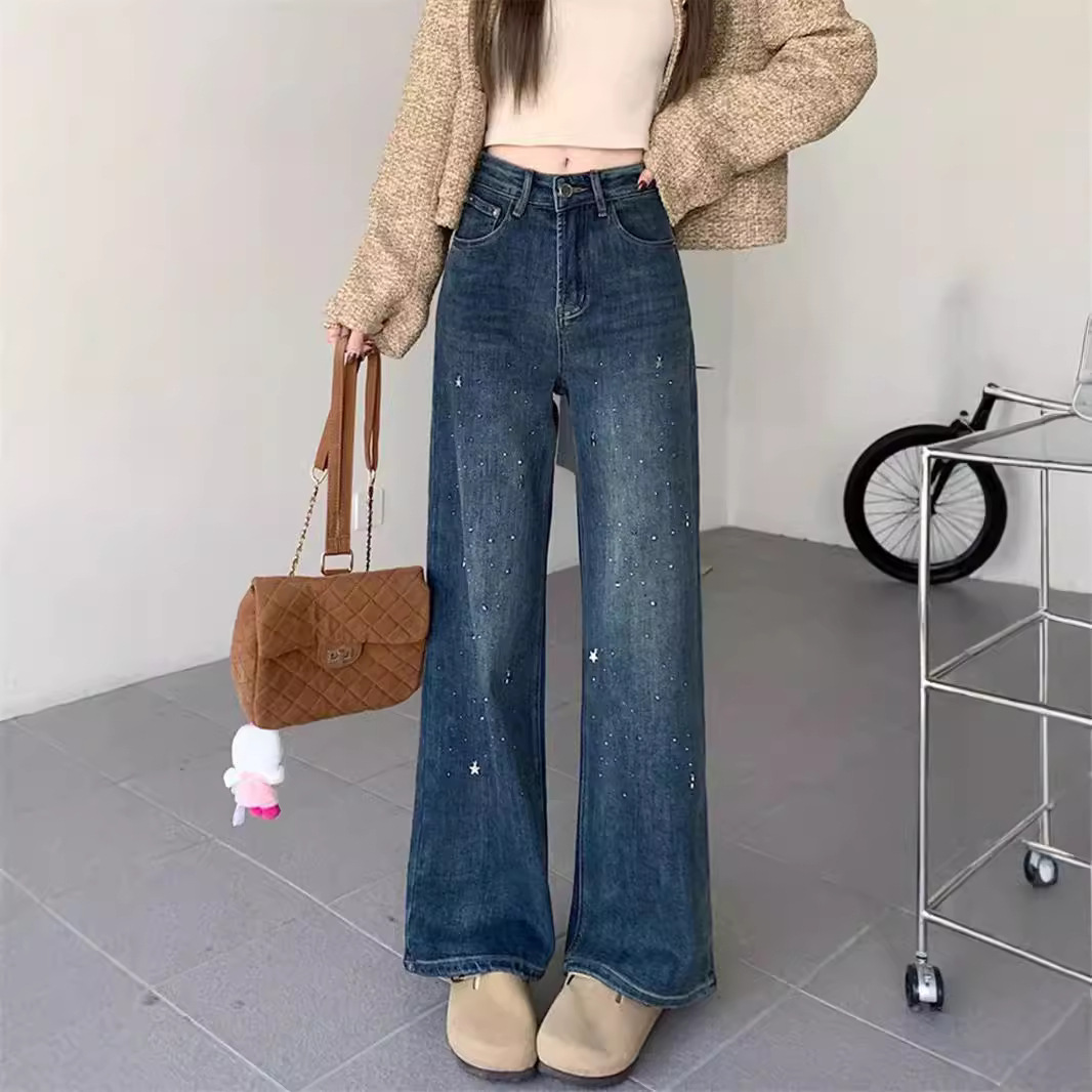 レディースワイドパンツ 星柄きらめきデニムワイドロングパンツ