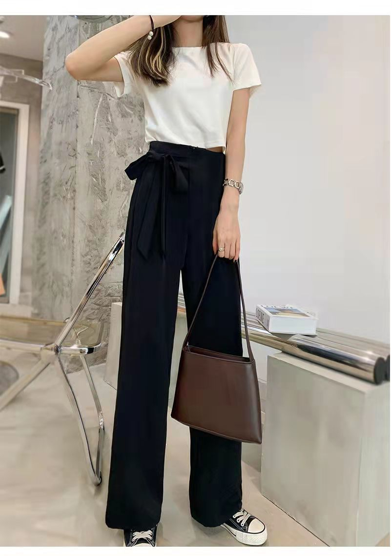 レディースワイドパンツ リボン付き上品タックワイドパンツ