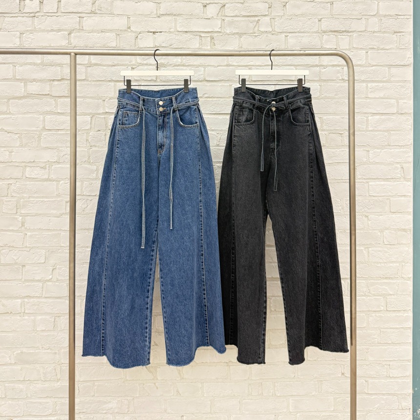 レディースワイドパンツ 上品な大人気質のウエストベルト付きルーズデニムワイドパンツ