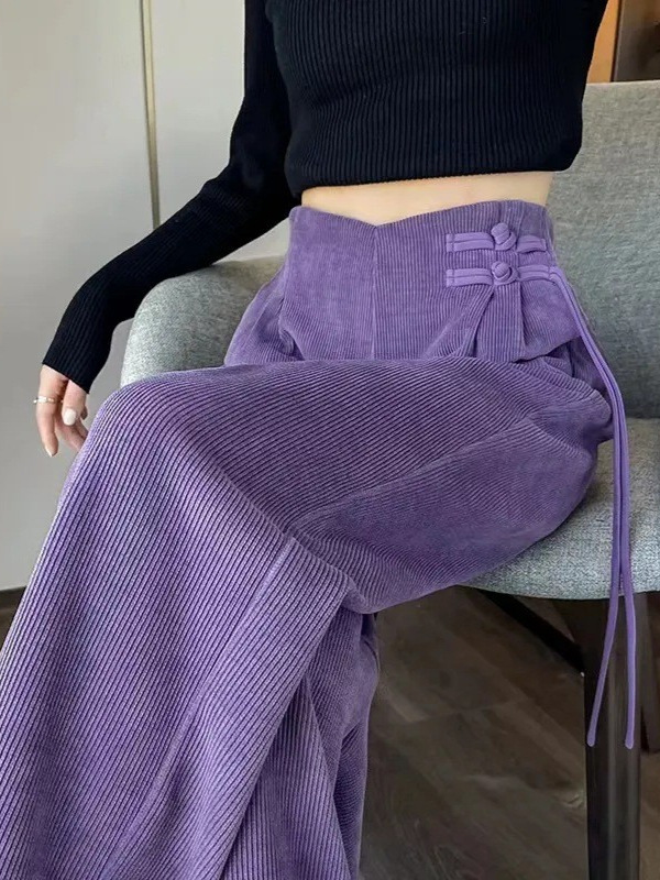 レディースワイドパンツ センタープレス入りハイウエストガウチョパンツ