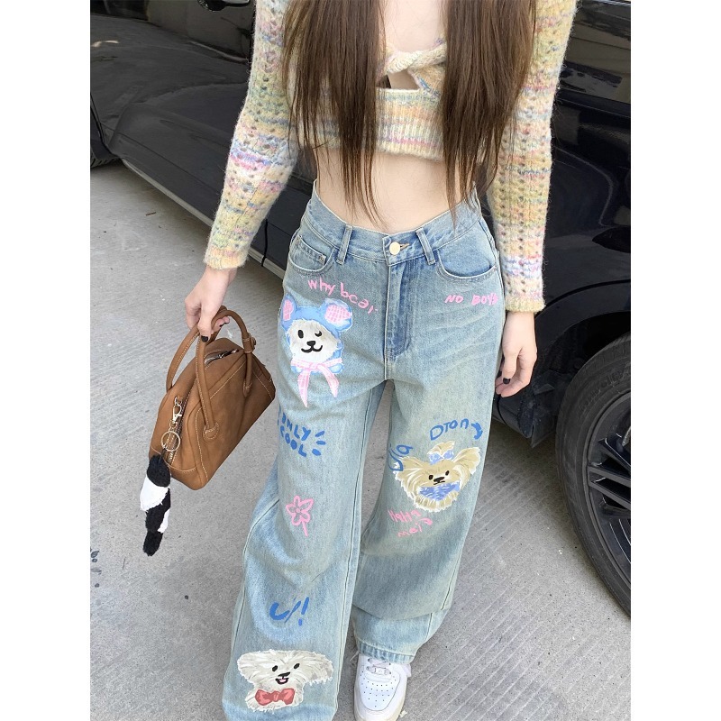 レディースワイドパンツ キュートな動物刺繍入りゆったりワイドデニムパンツ
