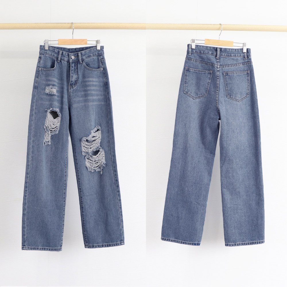 レディースワイドパンツ ハイウエストクラッシュデニムワイドパンツ